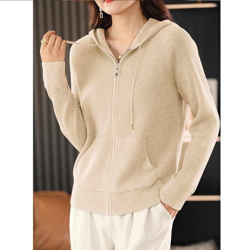 Fall and Winter Ladies's Hooded Knitted Cardigan Ladies's Fall Casual Zipper Sweater Jacket Loose Top