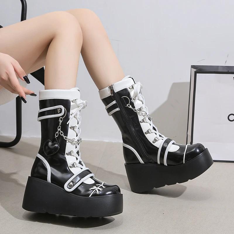 Women's Mid-Calf Boots 2025 New Fashion Chain Punk Boots Autumn 8CM High Heels Chunky Platform Motorcycle Boots for Woman