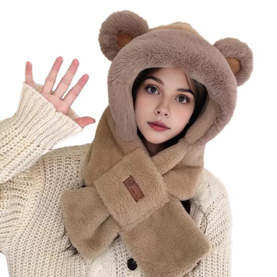 Women Winter Integrated Hat And Scarf Thick Fleece Warm Cartoon Fox Ear Decor Windproof