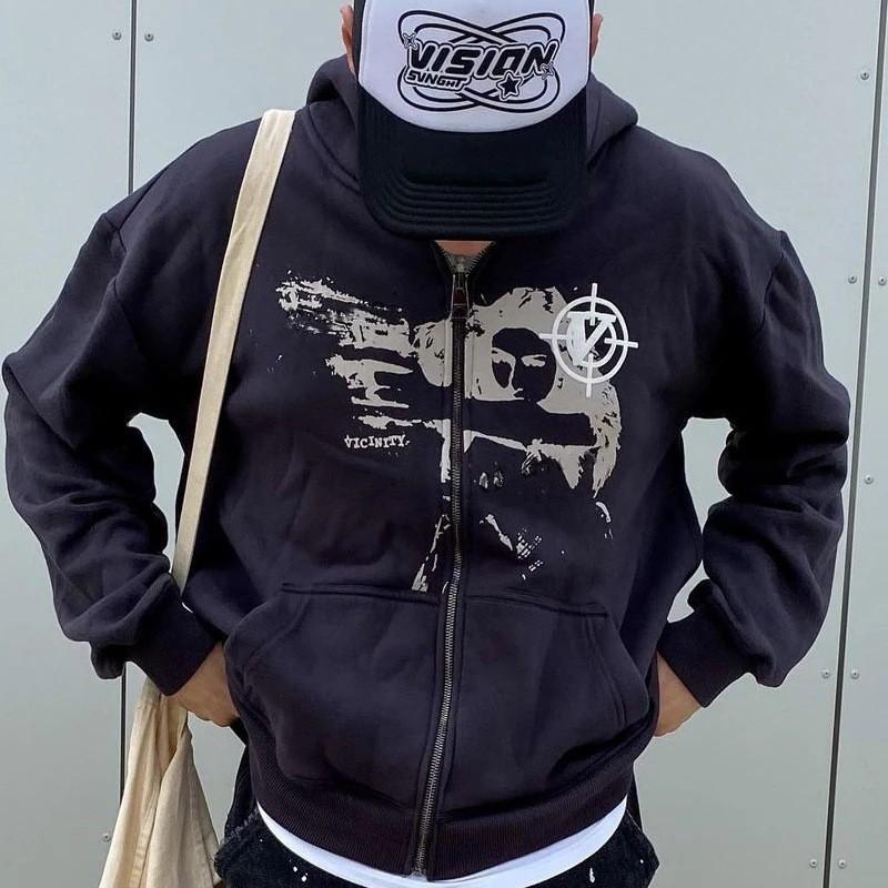 Unisex Hooded Zip-Up Sweatshirt Oversized Streetwear Pullover With Print Design
