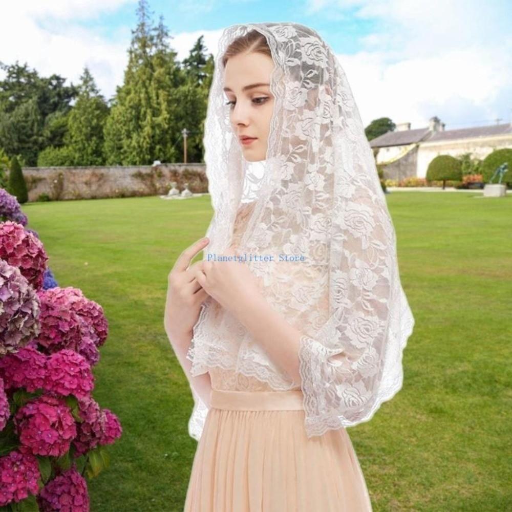 Breathable Wedding Lace Shawl Lace Trim Mantilla Headwear Scarf Veil Prayer Shawl for Woman