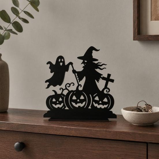 DYS Witch Wooden Table Centerpiece, Spooky Castle Black Cat Standing Tabletop Ornament for Halloween Party, Desk Tiered Tray Decor
