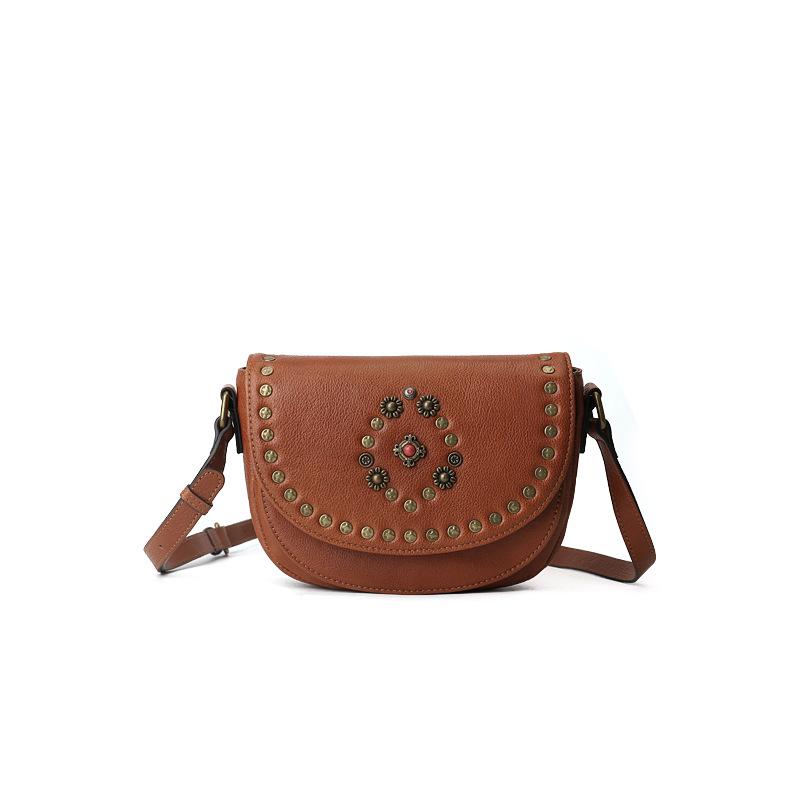 Genuine Leather Saddle Bag, Retro Riveted Handcrafted Gemstone Crossbody Bag, Single-shoulder Women's Bag