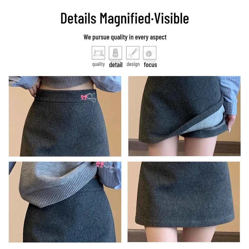 Korean Style Petite Wool Blend High-Waisted Gray A-Line Skirt for Women – Autumn Winter Hip-Hugging Anti-Exposure Short Skirt