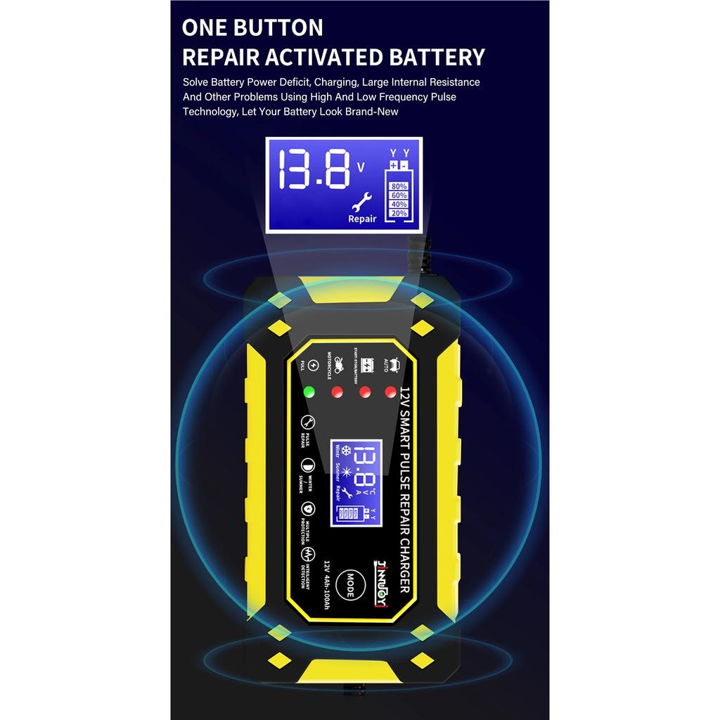 6A 12V Car Battery Charger Pulse Repair LCD Display Smart Fast Charge AGM Deep Cycle GEL Lead-Acid Charger for Auto Motorcycle