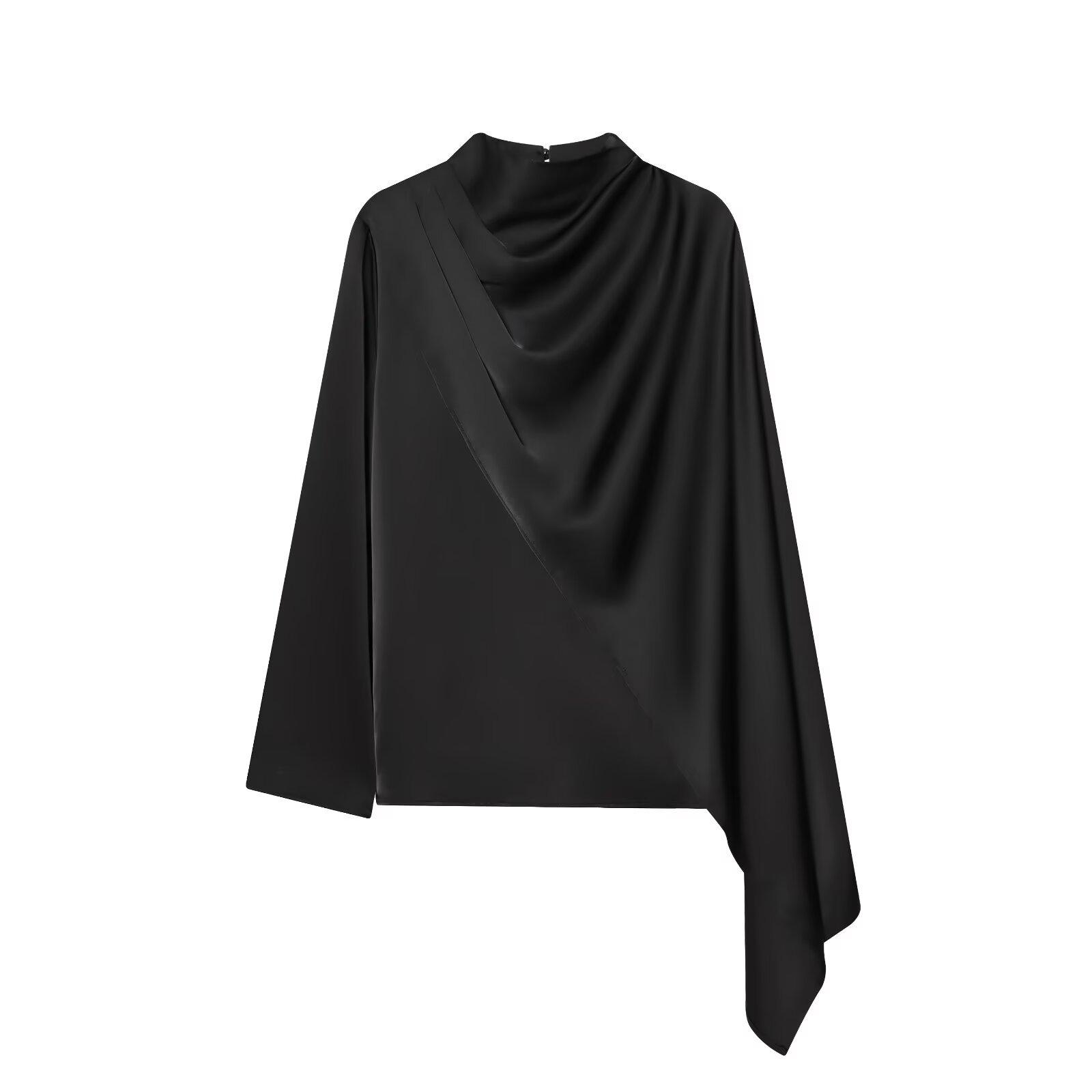Spring 2026 Women s Shawl-style Satin Top: European & American Fashion, Versatile Commuting Style. M чёрный