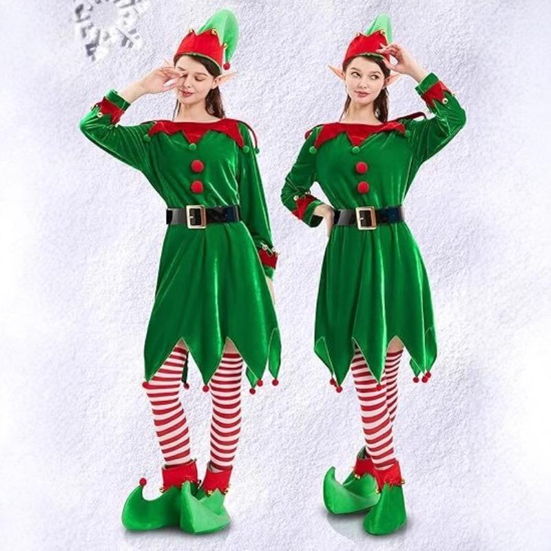 New Ladies Christmas Elf Costume Solid Color Velvet Dress Set Santa Helper Costume Cosplay