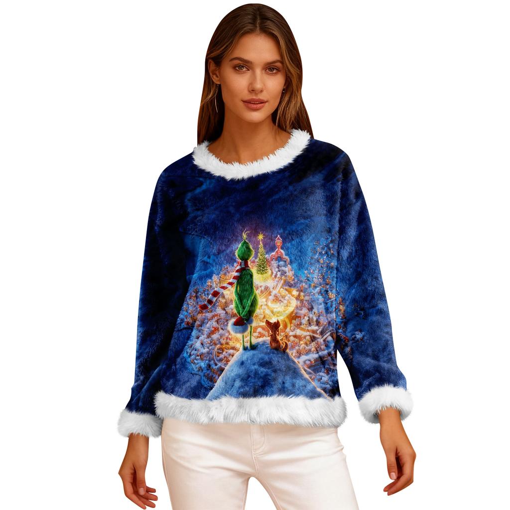 Women's Casual Fleece Sweatshirt  Long-Sleeve Round  Neck Casual Comfortable Loose-Fit Lightweight Women's Flannel Sweatshirt