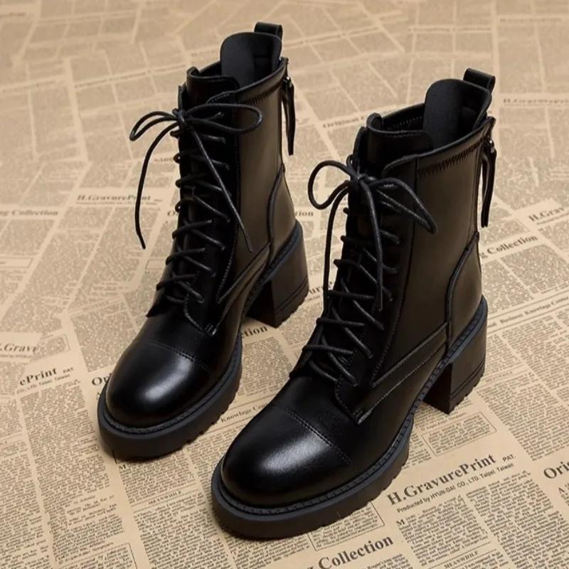 Women's Boots High Quality Casual Leather Boots Classic Lace-up Ankle Boot 6cm Thick Heel Platform Boots for Women Botas Mujer