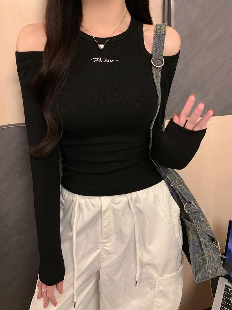 Amerikanischer Stil Schwarz Besticktes Off-Shoulder Langarm Damen-T-Shirt - 2026 Frühling/Herbst Schlanke Passform Spicy Girl Basis-Layer