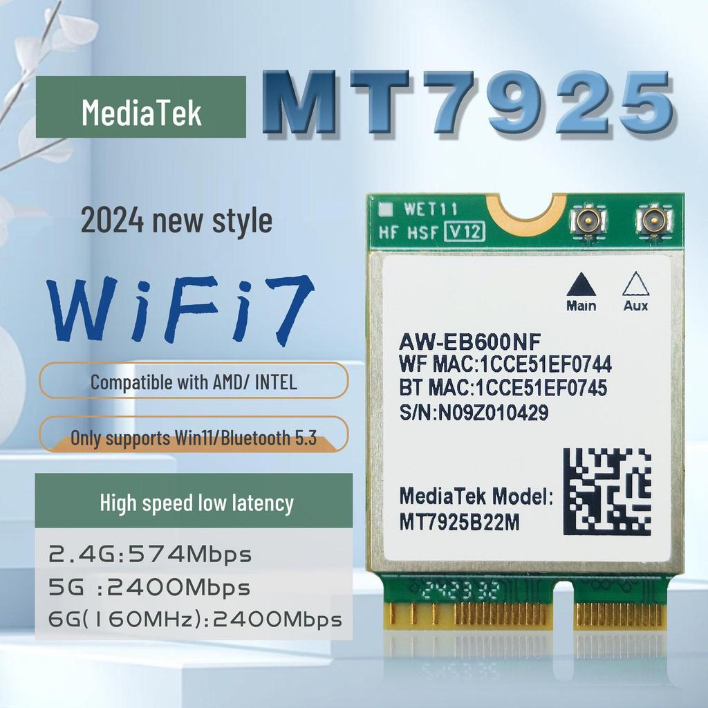 MediaTek MT7925 WiFi 7 PCIe Wireless Network Card for Desktop, Bluetooth 5.3, AMD Compatible