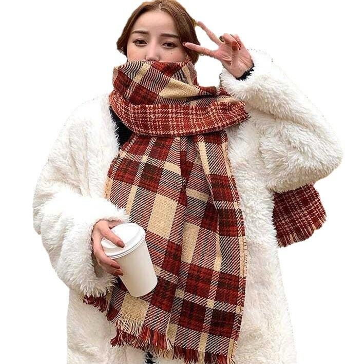 New Korean Style Autumn and Winter Plaid Double Sided Red Scarf Versatile Thickened Warm Scarf Versatile Double Faced Scarf for Men