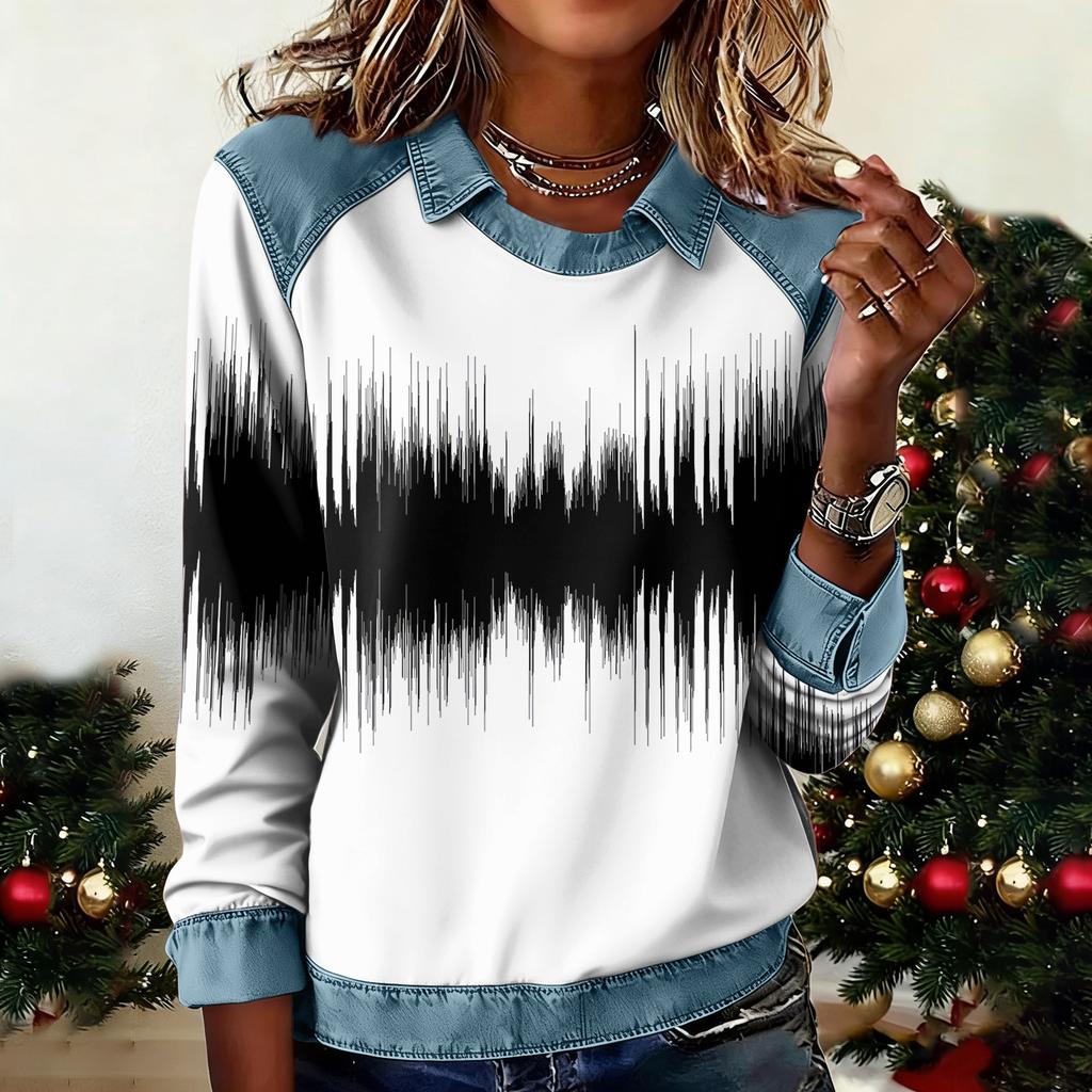 Dammode Utsvängd Långärmad Denim Patchwork Sweatshirt Tryckt Avslappnad Pullovertopp