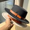 New French Double Belt Buckle Woolen Hat Flat Top Hat for Women Autumn and Winter British Retro Style Wide Brim Felt Hat