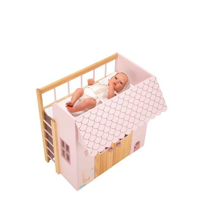 Drewniane łóżko domek dla lalki - Arias - Różowe - Wymiary: 50x39x50 cm - Cottage - Materiał: Plastique