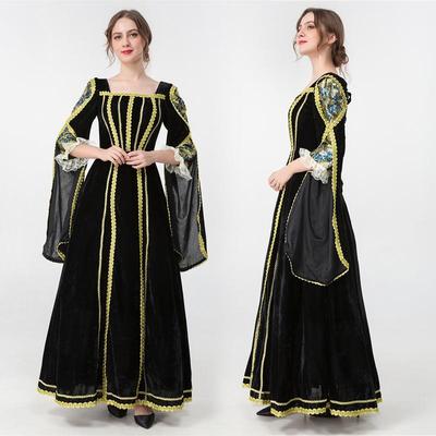 Robe de reine médiévale Renaissance rétro, Robe de bal de cour gothique victorienne, Costume d'Halloween noir à manches longues pour femme