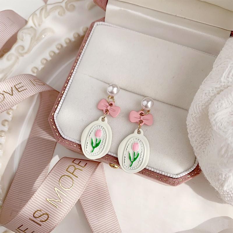 Pink Sweet Tulip Bow Earrings Mori Pearl Cute Girly Temperament Earrings Temperament Earrings