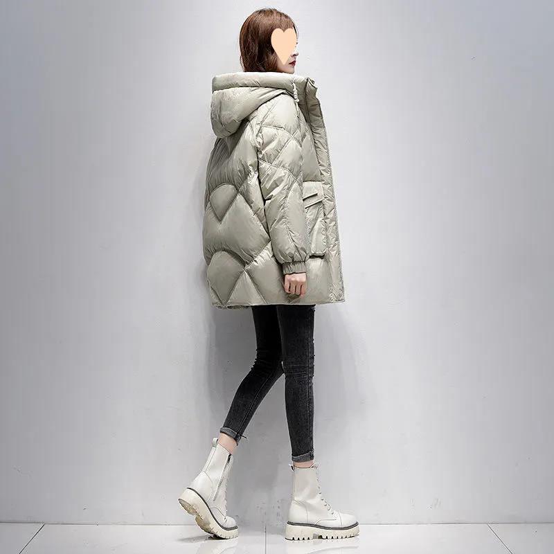Women's Winter Thickened Plus Size Warm Jacket Loose Large Pocket Hooded Diamond Check Warm