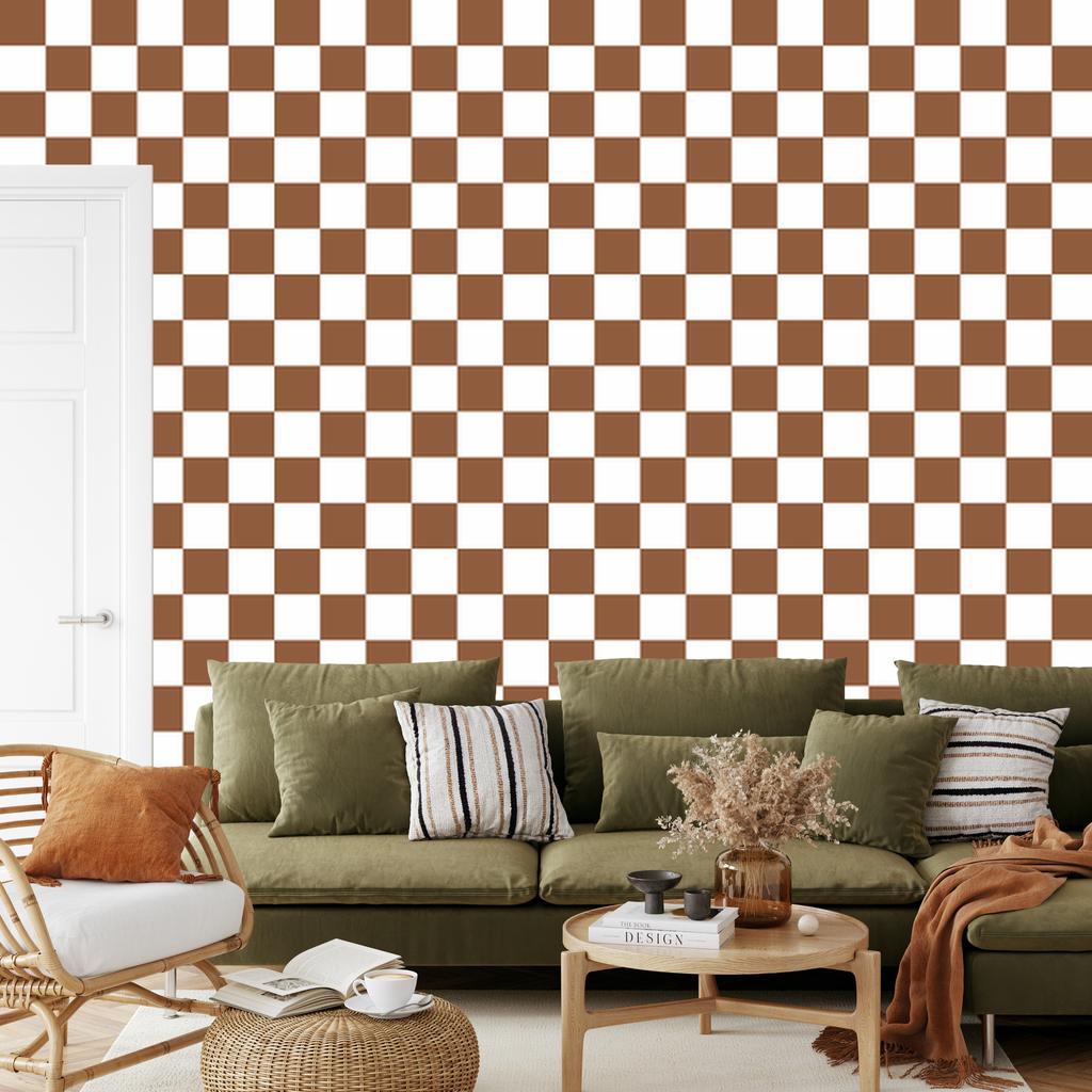 Checkerboard Wallpaper White, Orange and Beige for Living Room and Bedroom 50x1000