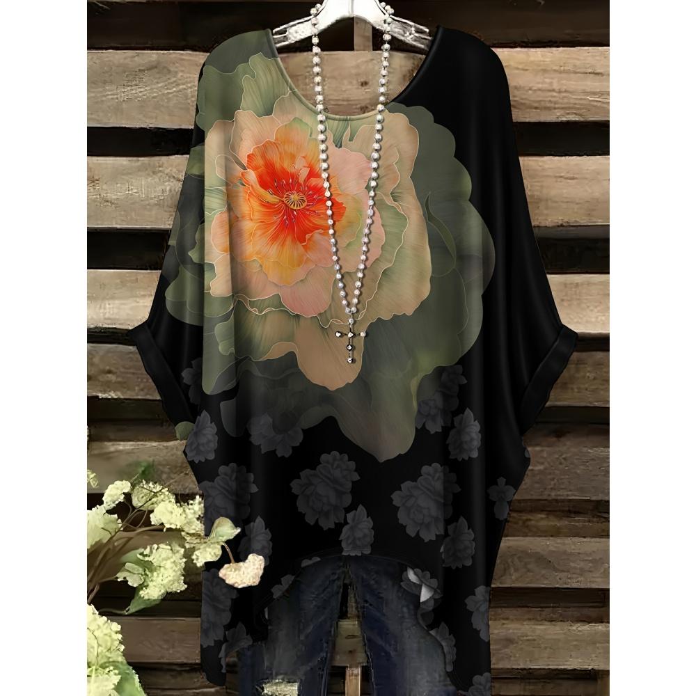 Sommer Elegante Frau Blumenprint Oberteil Vintage Rundhals Damen Kurzarm Y2k Grafik T-Shirt Mode Y2k Kleidung Frau 2025