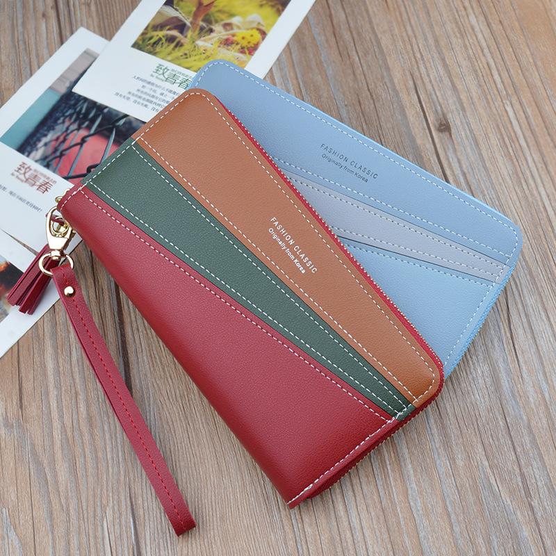 Women's Long Zip Wallet – Korean Style Color Block Clutch with Large Capacity Coin Purse and Phone Pocket