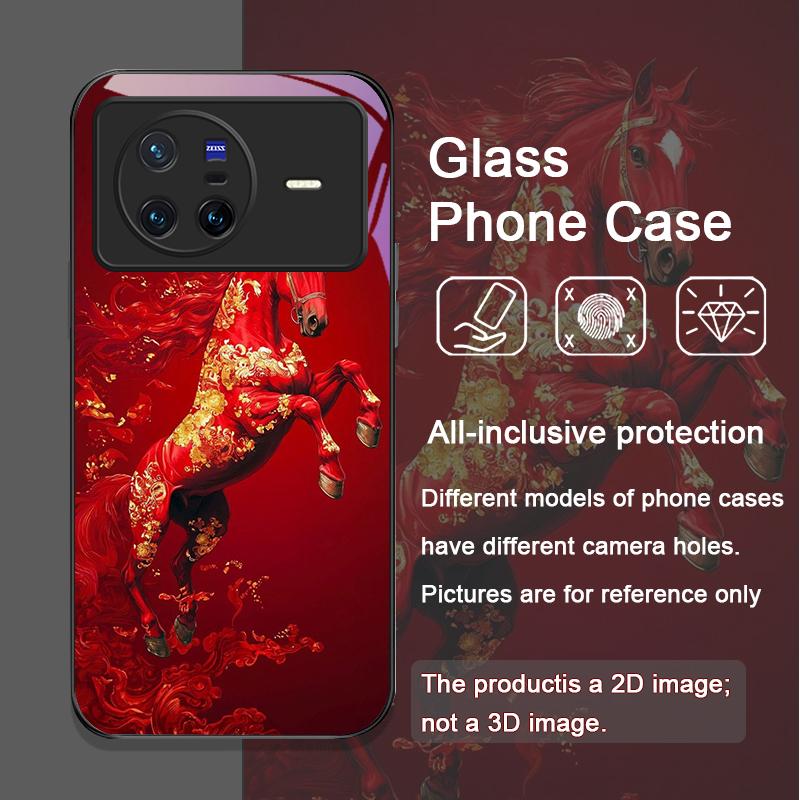 Stylish Chinese-Style Red Horse Print Tempered Glass Phone Case for OPPO Reno 13F 12 11 10 Pro Plus Find X8 X5 X3 PRO Lite Cover