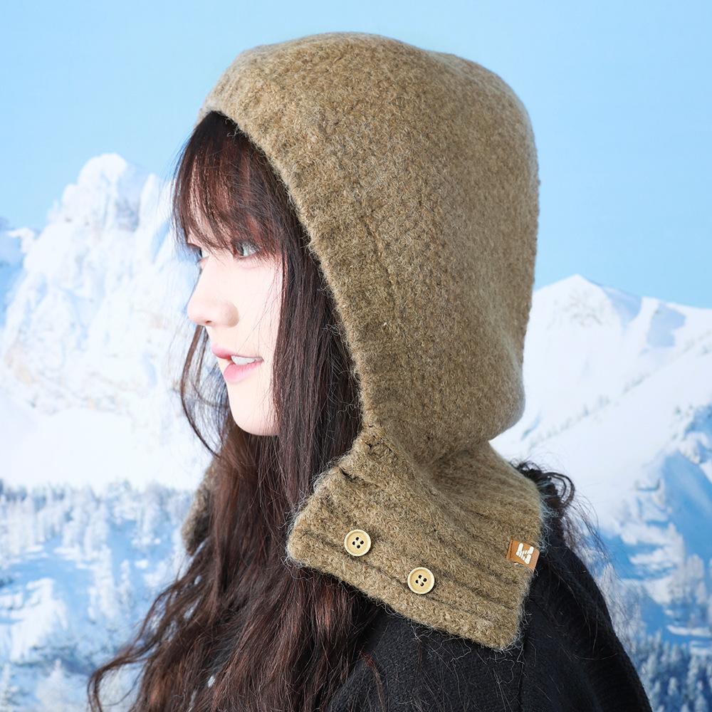 

Корейский нишевый дизайн Шапка-балаклава на пуговицах для женщин Зимой Теплая вязаная шапка с шерстяной защитой ушей Головная шапка One size