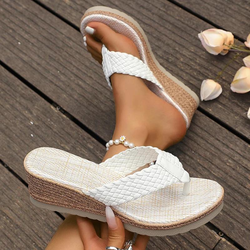 Fashion Fashion Woven Band Wedge Flip Flops for Women Summer Thick Sole Beach Slippers Woman Lightweight Comfort Clip Toe Sandals Female