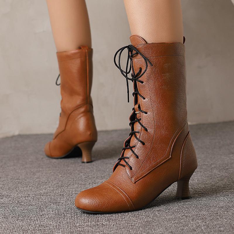 Lace-Up Mid-Boots Knight Boots Martin Boots Thick Mid-Heel Casual Boots 40-50 Plus Size Boots