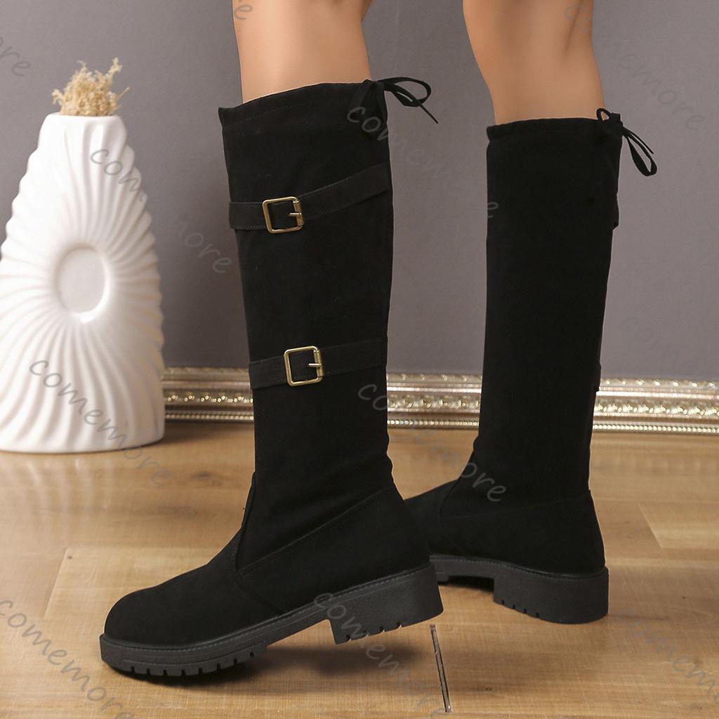 Comemore Retro Western Boots Women 2025 New Thick Bottom Round Head Black Suede Knee High Boots Chunky Middle Heel Long Botas