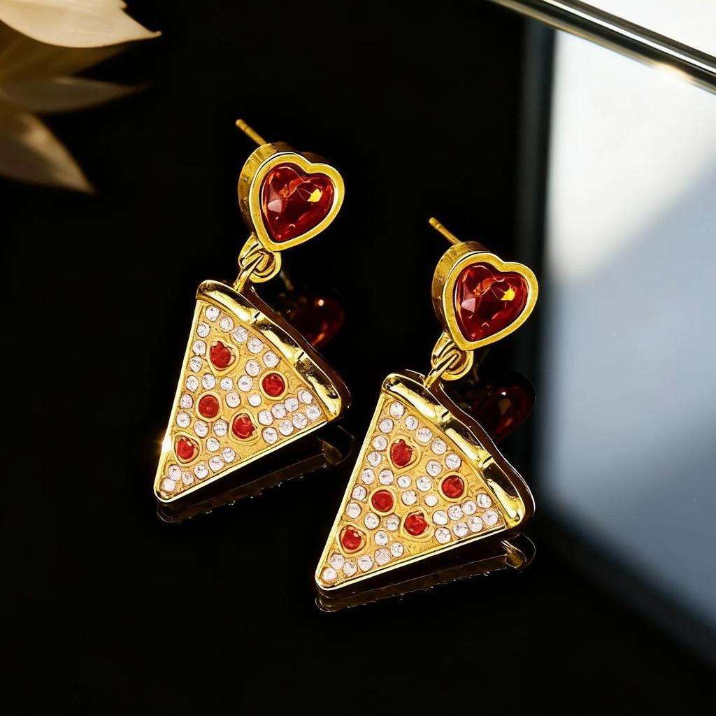 Creative Rhinestone Pizza Shaped Drop Earrings for Women Personality Metal Gold Plated Zircon Heart Earrings Daily Wear Jewelry