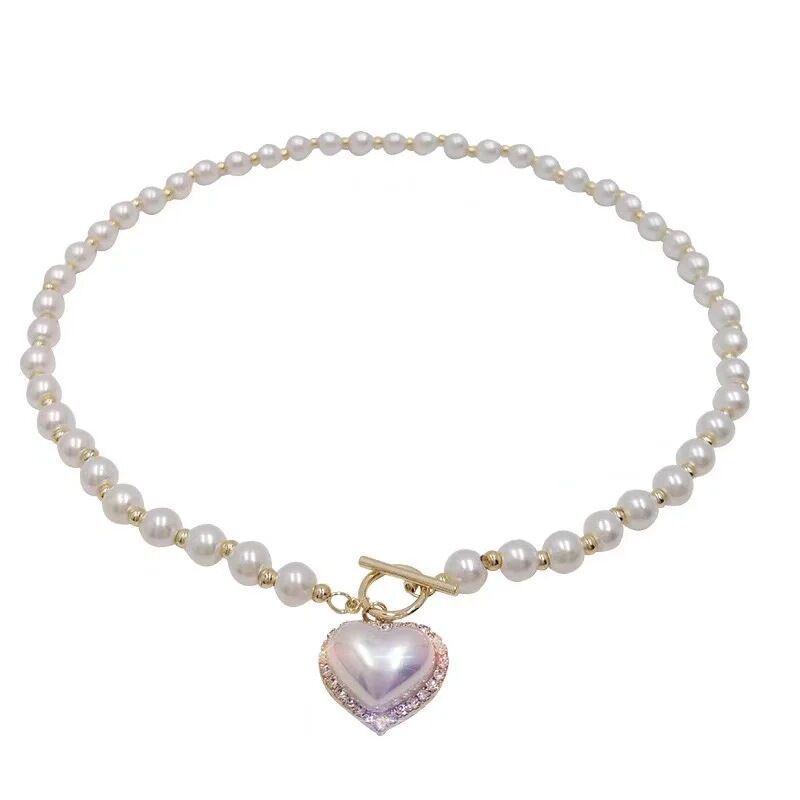 New Super Fairy Imitation Pearl Heart Necklace: Cold Style Sweet Simple OT Buckle Clavicle Woven Chain for Women