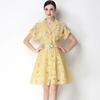 Elegant Lace Embroidery Hollow-out Mini Dress for Women Lapel High Waist A-Line Short Sleeve Single Belt Short Dress Summer