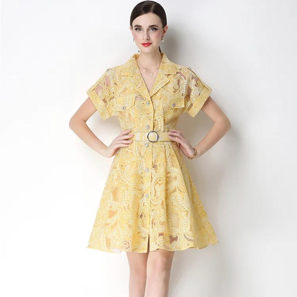 Elegant Lace Embroidery Hollow-out Mini Dress for Women Lapel High Waist A-Line Short Sleeve Single Belt Short Dress Summer