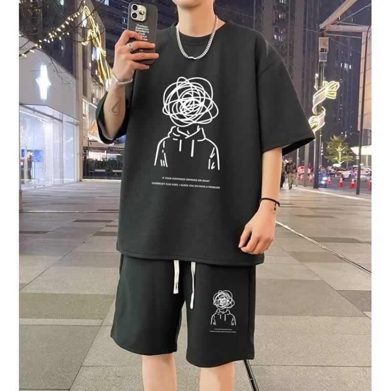 Trendy American-Style Summer Set for Young Men: Short-Sleeved T-Shirt & Five-Point Shorts