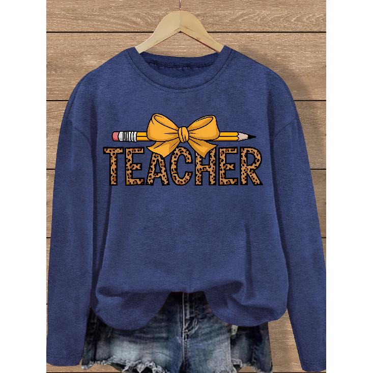 Christmas Gift: Simple and Clear Lines, English Letter Pencil Print with Bow Pattern, Fashionable and Elegant Women's Casual Sports-style Top for