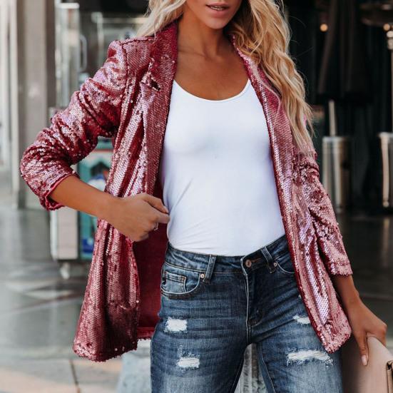 Kadın Ceket Uzun Kollu Hırka Gevşek Eşleşmesi Kolay Büyüleyici Turn-down Yaka Tek göğüslü Parlak Payet Büyüleyici Sonbahar Blazer Arkadaşlık için