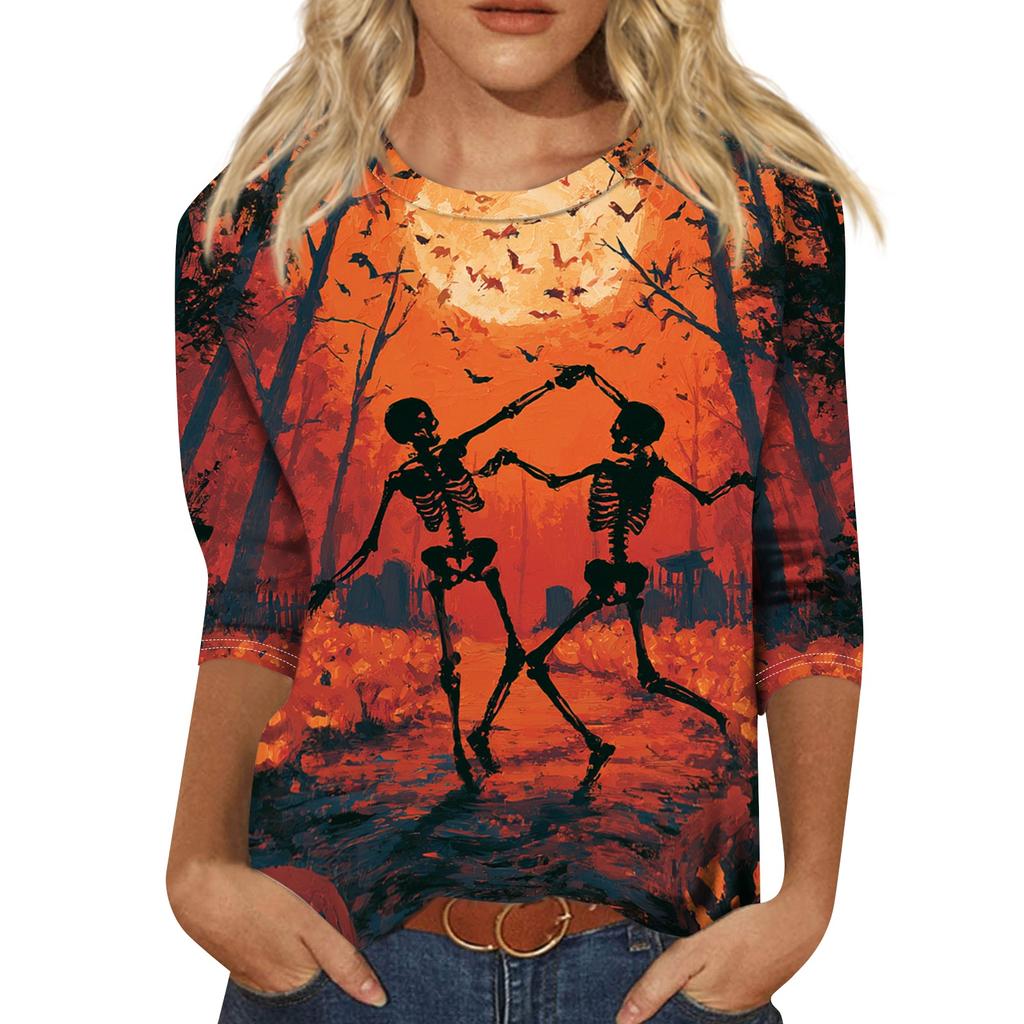 Women's Halloween Print Three-Quarter Sleeve Round Neck Casual T-Shirt Top