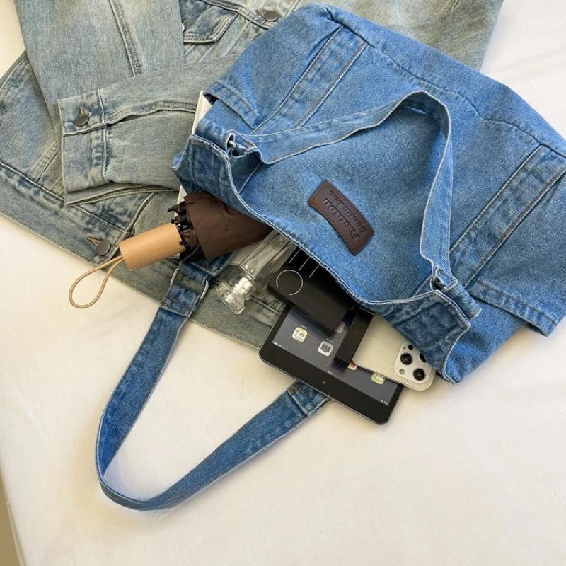 Casual Versatile Denim Vest Shoulder Bags for Women Large Capacity Ladies Shopping Tote Bag Thread Design College Girls Handbags