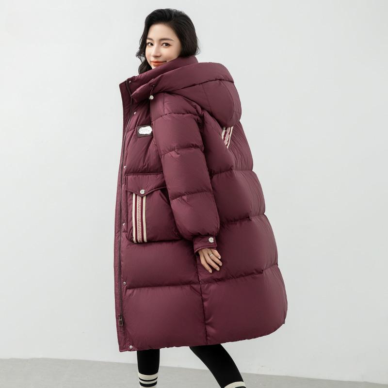 Dámská péřová bunda podzimní a zimní střední délky v korejském stylu, módní stojáček, kapuce