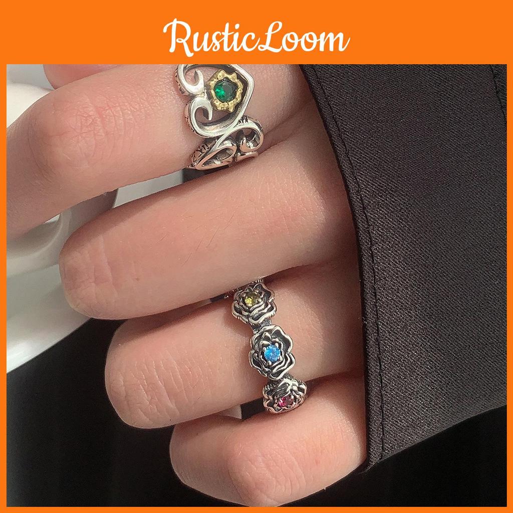 Exquisite S925 Silver Rainbow Zircon Rose Flower Heart Design Open Ring For Fashion Lovers
