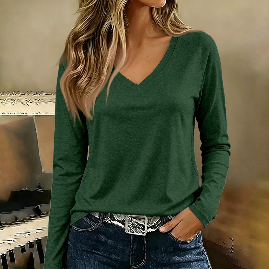 Women's Casual Long Sleeve V-Neck Top with Raglan Sleeves Loose Fit Comfortable Blouse for Everyday Wear