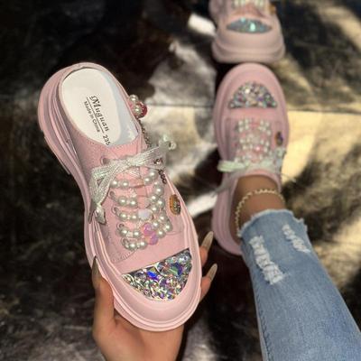 Baotou Halbslipper Damen Sommer Dicksohlige Pailletten-Netz-Slipper ohne Absatz Höhenvergrößernd und Schlankmachend Damenschuhe