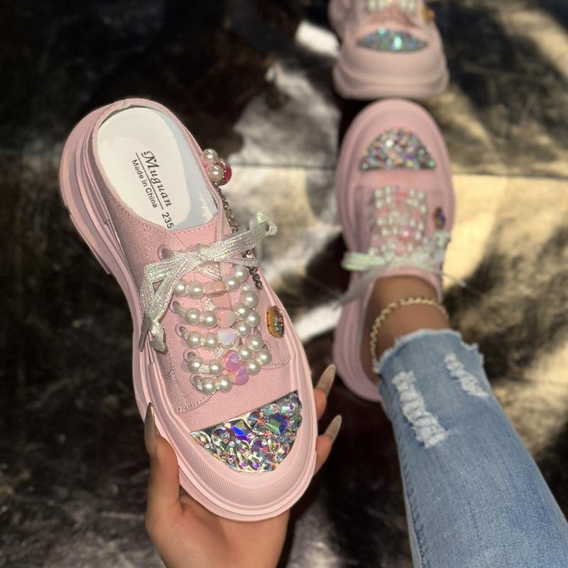 Baotou Half-slipper Women's Summer Thick-soled Sequined Net Slipper Without Heel Height-increasing and Slimming Women's Shoes