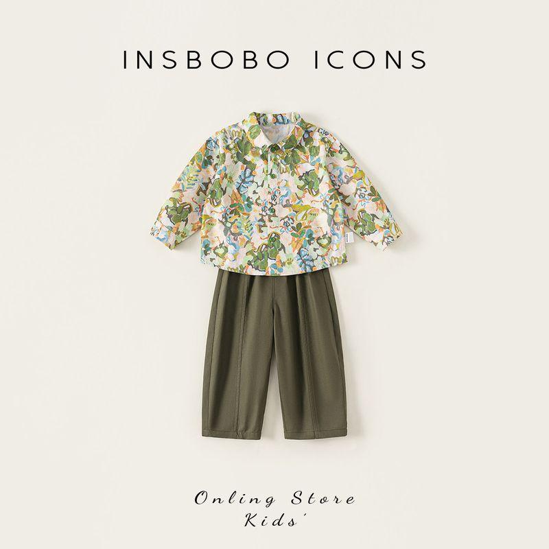 Insbobo Boys Suit 2026 Spring New Stylish Boys Clothes Spring and Autumn Baby Shirt Two-Piece Set Trendy Green 100