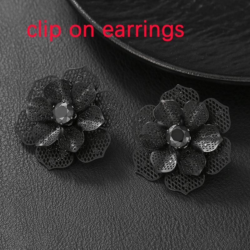 Trendy Exaggerated 2-layer Metal Flower Clip On Earrings for Women Retro Dimensional Hollow Zircon Earrings Statement Jewelry