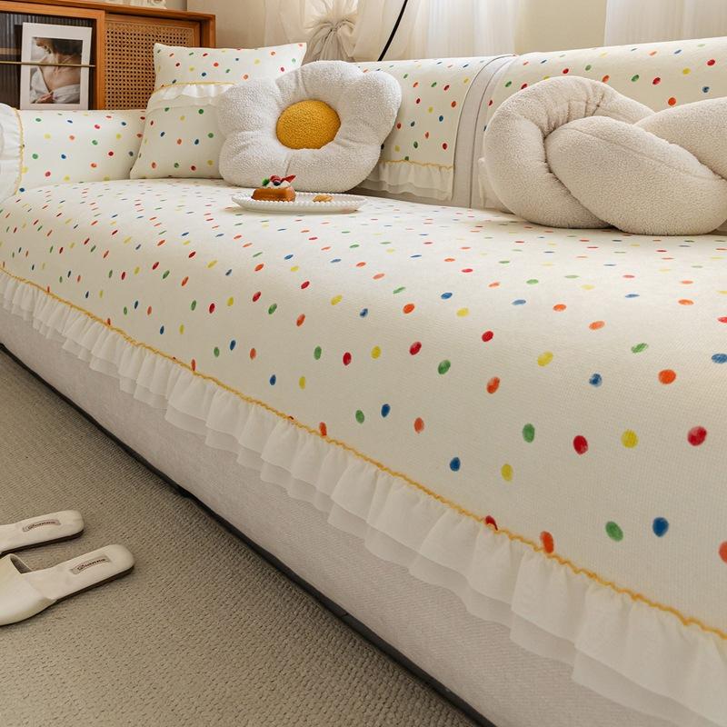 Dopamine Colored Dot Sofa Cushion Chenille Anti Slip And Cat Scratch Sofa Cover With Skirt Edge Comfort Adjustable Dust Cover