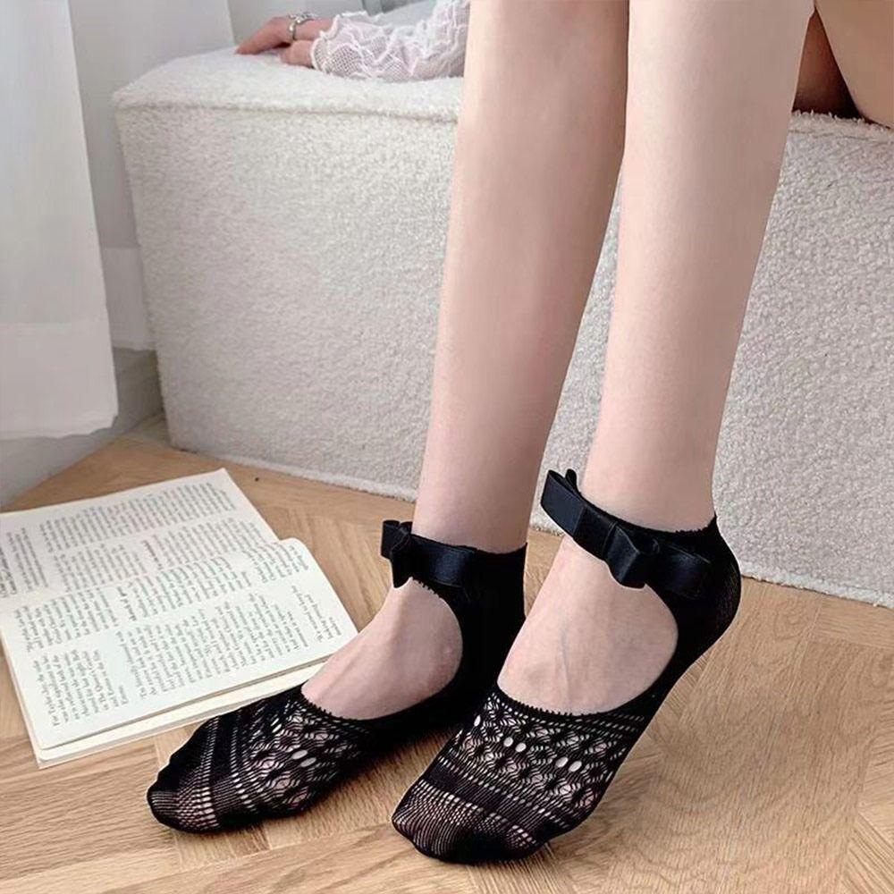 Hollow Short Socks Solid Color Cotton Socks New Bowknot Socks  Spring Summer