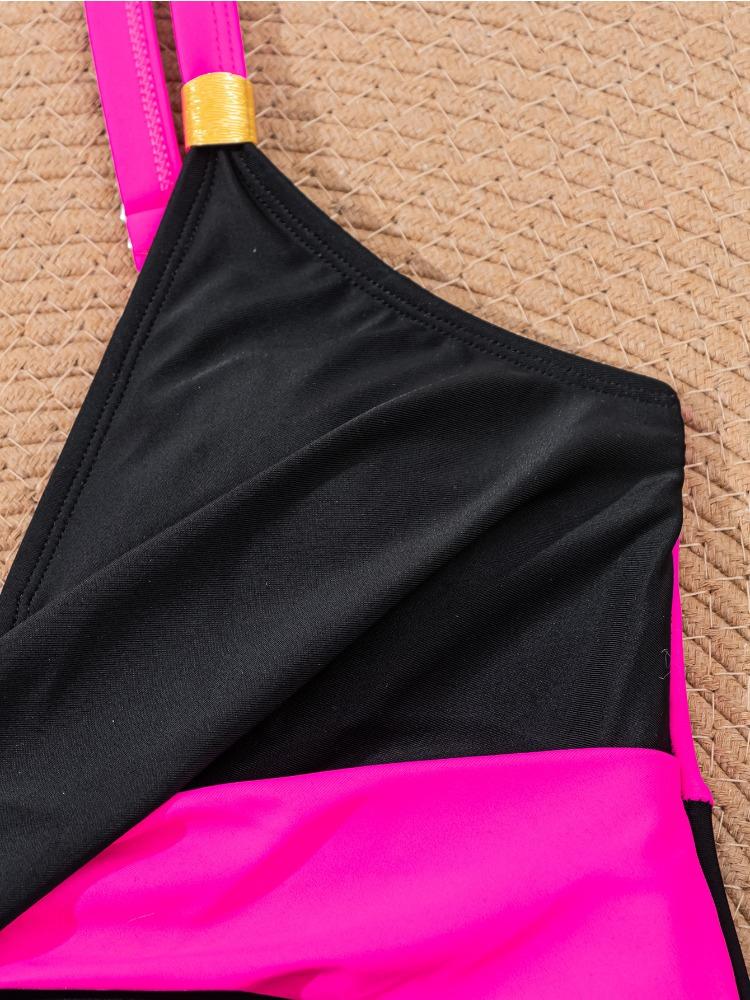 Costume da Bagno Intero Sexy a Blocchi di Colore con Raccoglitura e Incrocio Moda Donna Vacanza al Mare Costume da Bagno Elegante