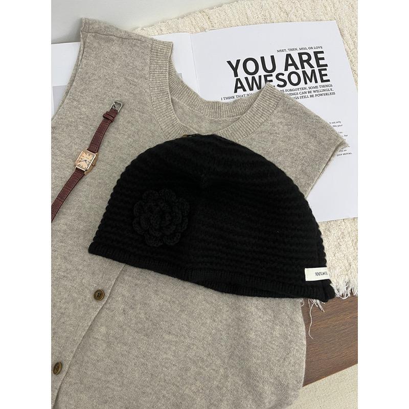 All Wool Flower Hat for Women Sweet and Handcrafted Woolen Knitted Hat  Winter Warm Ear Protecting Hat